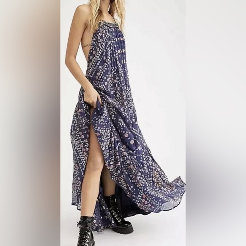 Free People Navy and Pink Floral Maxi Dress